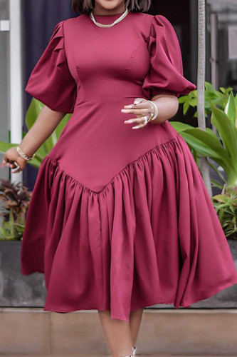 Burgundy Casual Elegant Solid Patchwork Fold O Neck Princess Dresses