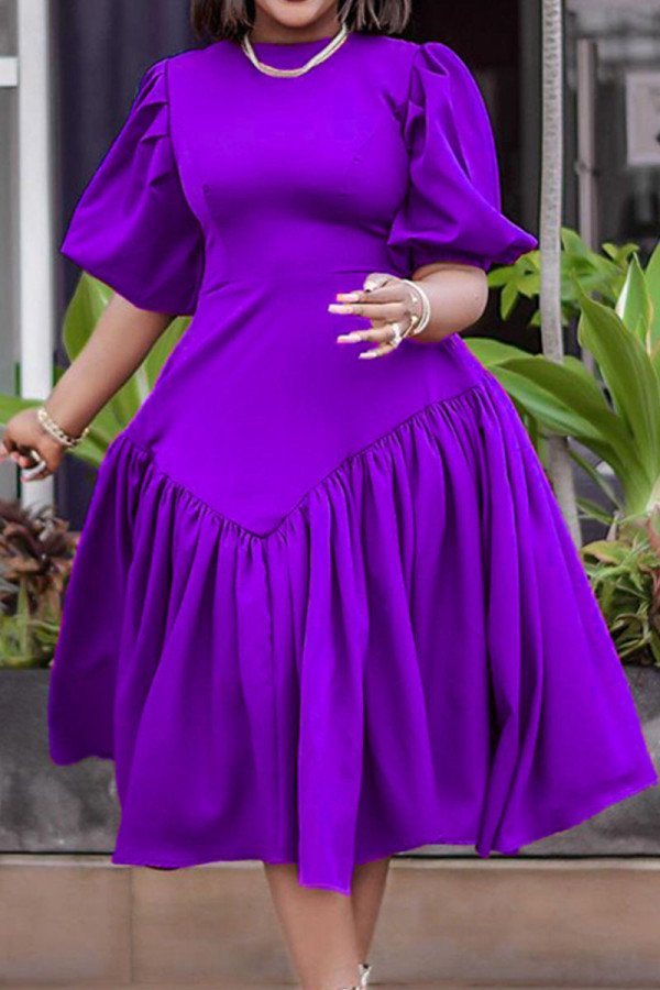 Фиолетовые повседневные элегантные однотонные лоскутные платья принцессы со складками и круглым вырезом