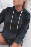 Black Casual Solid Hollowed Out Sequins Patchwork Hooded Collar Tops