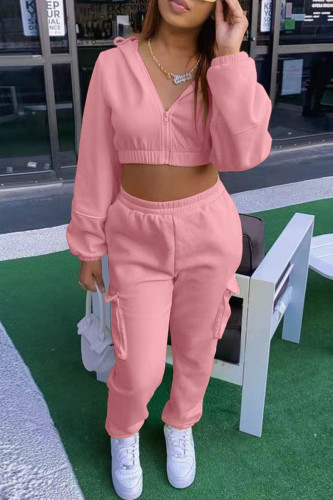 Pink Casual Sportswear Solid Patchwork Pocket Zipper Hooded Collar Long Sleeve Two Pieces