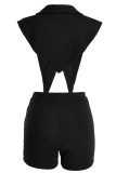 Black Sexy Solid Backless Asymmetrical V Neck Sleeveless Two Pieces