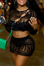 Black Sexy Patchwork Hollowed Out See-through O Neck Long Sleeve Two Pieces