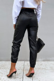 Pantalones casuales de patchwork sólido flaco lápiz de cintura alta color sólido negro