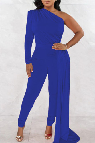 Blue Casual Solid Patchwork Asymmetrical Oblique Collar Skinny Jumpsuits