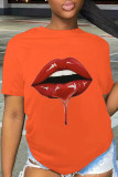 Oranje Casual Daily Lips Printed Patchwork O-hals T-shirts