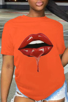 Naranja Casual Daily Lips Impreso Patchwork O Cuello Camisetas