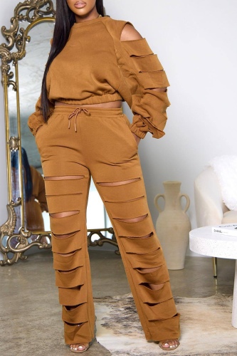 Brown Casual Solid Hollowed Out O Neck Long Sleeve Two Pieces