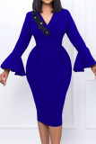 Vestidos de falda de un paso con cuello en V y apliques de retazos sólidos elegantes casuales azules