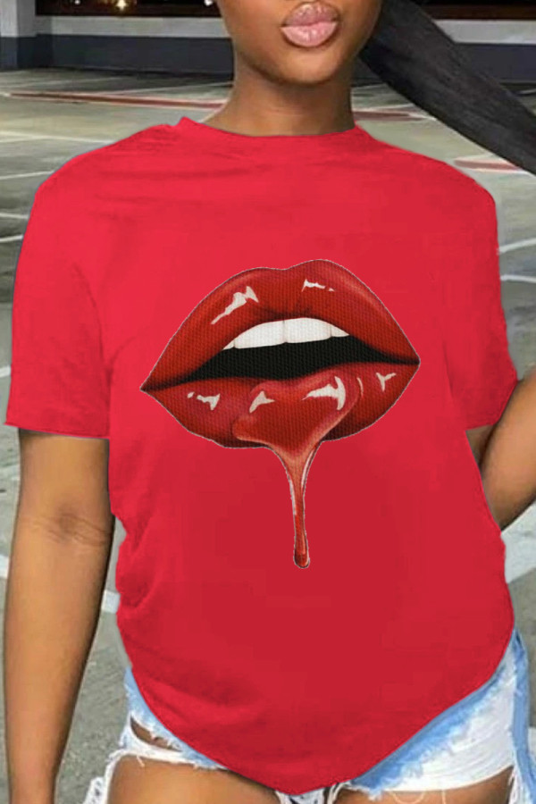Rode casual dagelijkse lippen bedrukte patchwork T-shirts met ronde hals