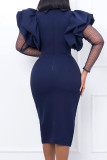 Royal Blue Elegant Solid Patchwork Turndown Collar One Step Skirt Dresses