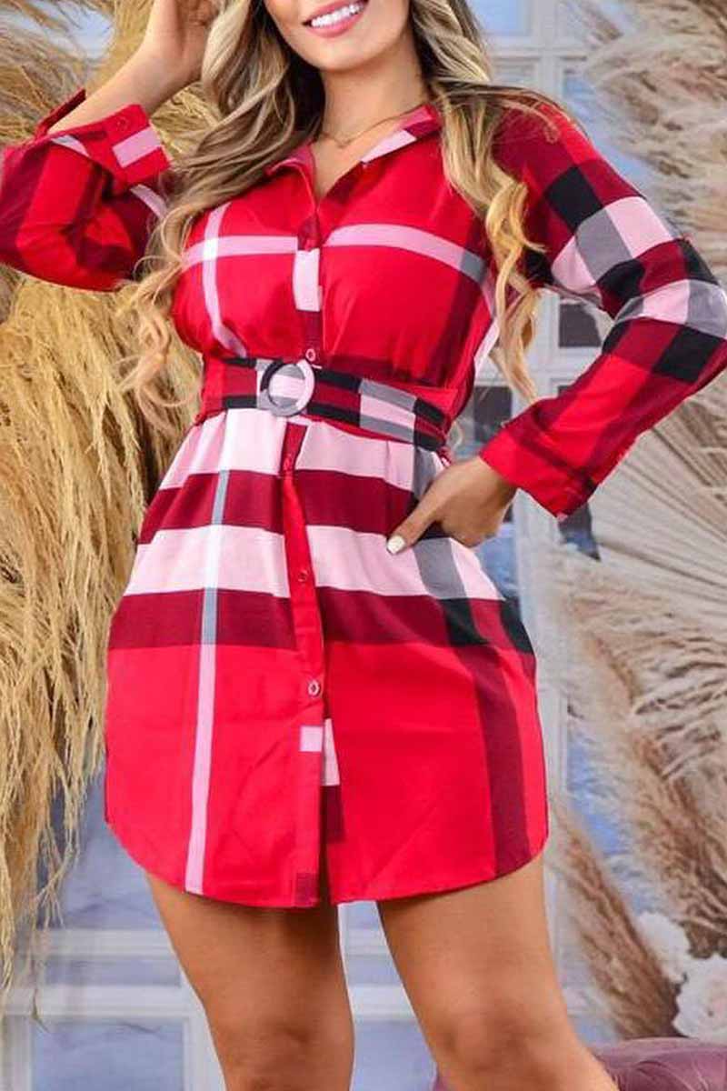 

Red Elegant Plaid Patchwork Turndown Collar Shirt Dress Dresses