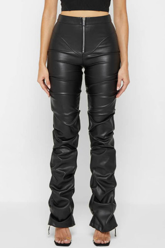 Black Sexy Solid Patchwork Fold Mid Waist Pencil Solid Color Bottoms