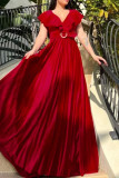 Бордовые повседневные элегантные однотонные лоскутные оборки с V-образным вырезом Вечернее платье Платья