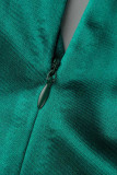 Vestidos plisados ​​con cuello en V y pliegues de patchwork sólido informal verde