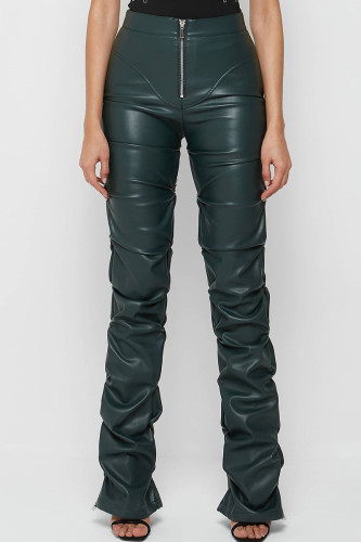 Ink Green Sexy Solid Patchwork Fold Mid Waist Pencil Solid Color Bottoms