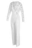 White Fashion Casual Patchwork See-through V Neck Regular Jumpsuits