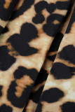 Khaki Fashion Casual Print Patchwork With Belt Asymmetrical Turndown Collar Long Sleeve Plus Size Dresses