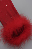 Red Fashion Sexy Patchwork Hot Drilling See-through Feathers Half A Rollkragen Langarm Kleider