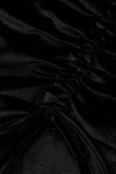 Negro Sexy Casual Sólido Draw String Frenulum Fold Cuello alto Vestidos de manga larga