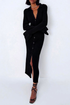 ブラック ストリート ソリッド パッチワーク ターンダウン カラー ペンシル スカート ドレス