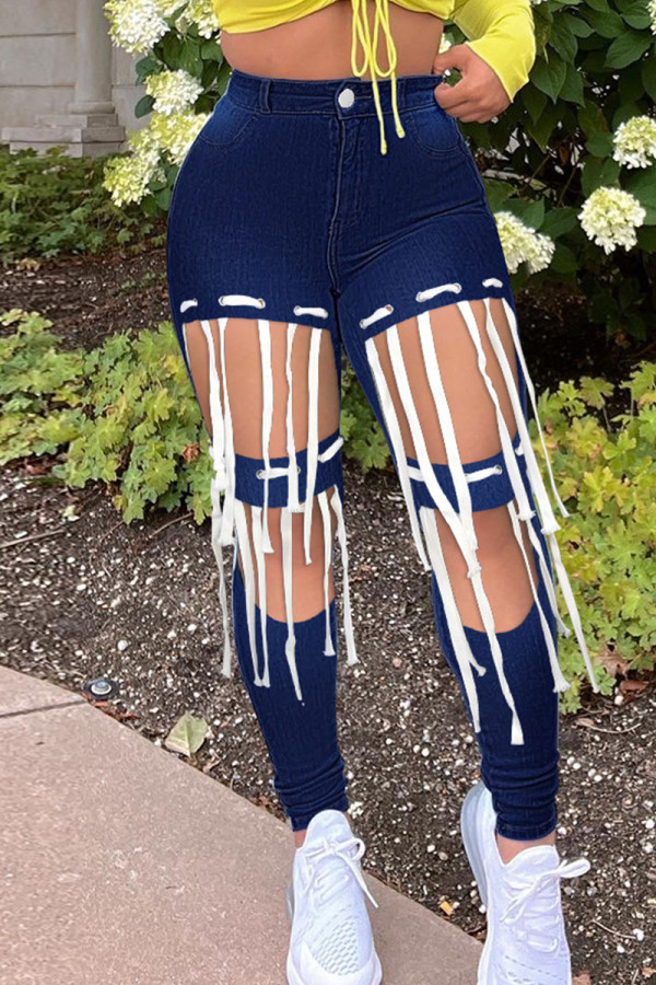Tiefblauer, sexy, fester Verband, ausgehöhlte Patchwork-Denim-Jeans mit hoher Taille