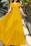 Burgundy Casual Elegant Solid Patchwork Flounce Fold V Neck Evening Dress Dresses