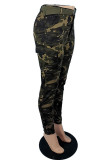 Ink Green Casual Camouflage Print Patchwork With Belt High Waist Pencil Full Print Bottoms