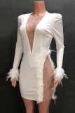ホワイト セクシー ソリッド フェザー メッシュ V ネック ペンシル スカート ドレス