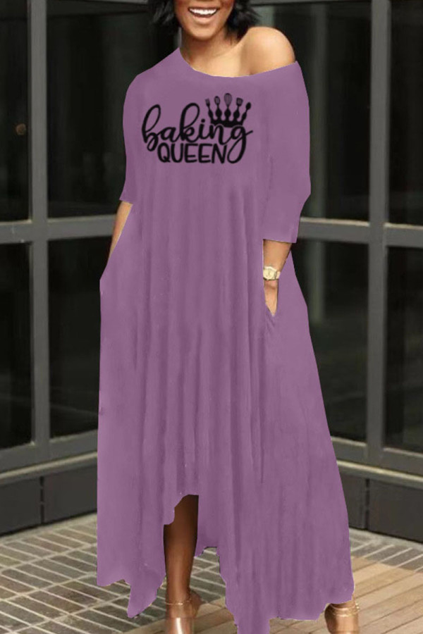 Пурпурные повседневные лоскутные платья с асимметричным круглым вырезом и прямыми платьями с принтом