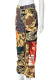 Camouflage Casual Street Print Camouflage Print Patchwork Straight High Waist Straight Patchwork Bottoms