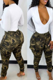 Ink Green Casual Camouflage Print Patchwork With Belt High Waist Pencil Full Print Bottoms