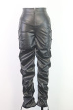 Black Sexy Solid Patchwork Fold Mid Waist Pencil Solid Color Bottoms