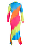 Многоцветная мода Повседневная печать Асимметричная водолазка с длинным рукавом Платья