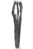 Silberne, sexy, solide Patchwork-Bleistift-Hosen mit hoher Taille