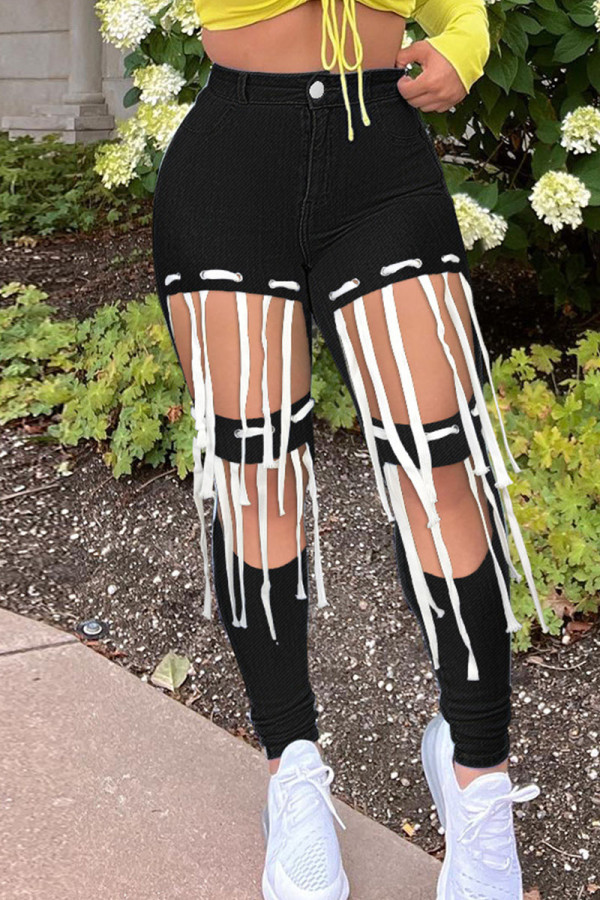 Zwarte sexy effen bandage uitgeholde patchwork hoge taille denim jeans