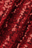 Moda roja Sexy Patchwork Perforación en caliente Plumas transparentes Medio cuello alto Vestidos de manga larga