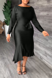 Vestidos de falda de cintura con cuello en O de patchwork sólido sexy negro