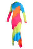 Vestidos de manga larga de cuello alto asimétrico con estampado casual de moda multicolor