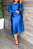 Robe jupe bleue sexy en patchwork uni à col rond et taille