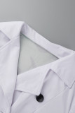 ホワイト ファッション カジュアル プリント パッチワーク ベルト付き 非対称 ターンダウン カラー 長袖 プラスサイズ ドレス