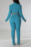 Peacock Blue Casual Solid Patchwork Turtleneck Long Sleeve Two Pieces