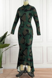 Kamouflage Mode Casual Print Asymmetrisk Turtleneck långärmade klänningar