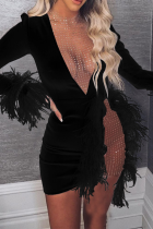 Черные сексуальные сплошные перья с сеткой и V-образным вырезом юбка-карандаш платья