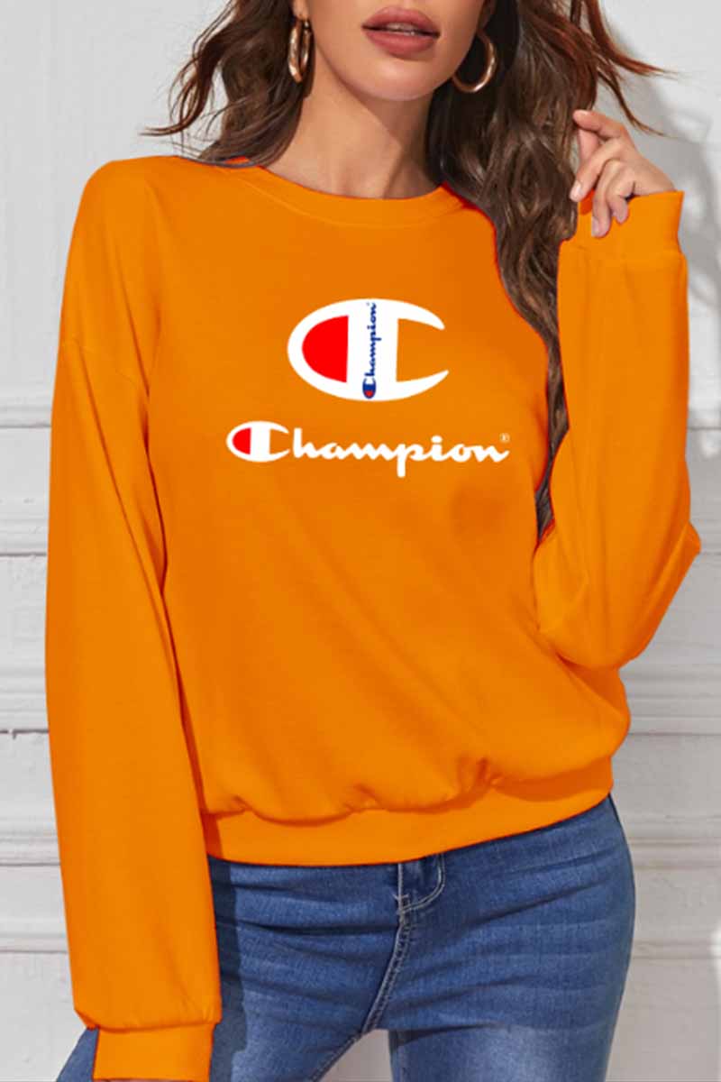 

Orange Casual Print Letter O Neck Tops