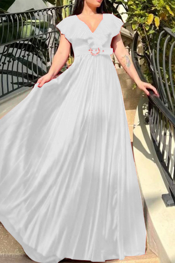 ホワイト カジュアル エレガント ソリッド パッチワーク フラウンス フォールド Vネック イブニングドレス ドレス