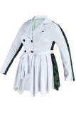 Weiße Mode Casual Print Patchwork mit Gürtel Asymmetrischer Umlegekragen Langarm Kleider in Übergröße