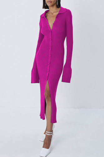 Rose Red Street Solid Patchwork Turndown Collar Pencil Skirt Dresses