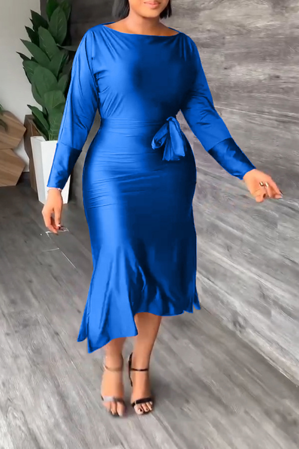 Vestidos de saia de cintura azul sexy sólido patchwork com decote em O