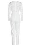 White Fashion Casual Patchwork See-through V Neck Regular Jumpsuits