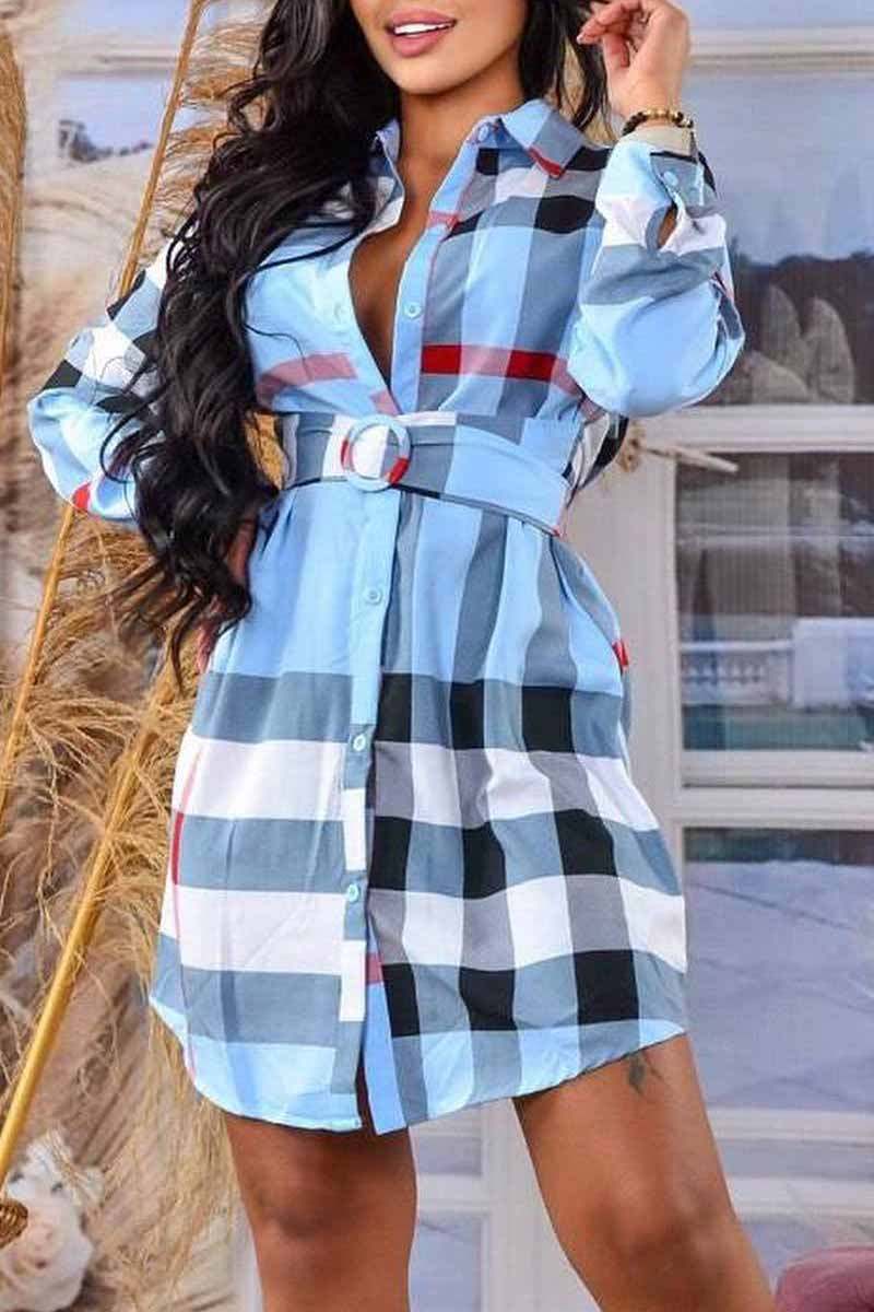 

Blue Elegant Plaid Patchwork Turndown Collar Shirt Dress Dresses